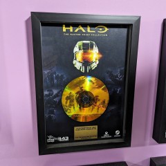 Halo Master Chief Collection frame produced for Splash Damage with printed gold vinyl-effect disc and custom plaque